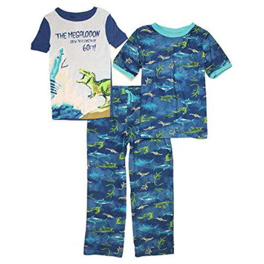 BedHead Pajamas PJs Boys' 3 Piece Set Sharks Dinosaurs Megalodon 12