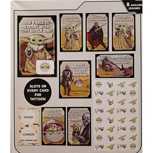Star Wars Mandalorian Baby Yoda 32 Valentine Cards with Tattoos